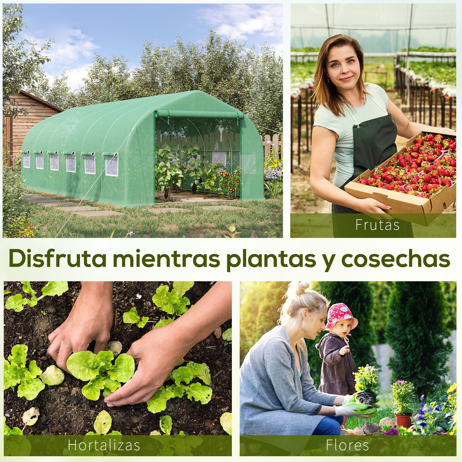 Invernadero de Túnel 595x300x200 cm Invernadero de Jardín Grande con 12 Ventanas y Puerta Enrollable con Cremallera Macro de Metal Resistente para Cultivo Plantas Verde