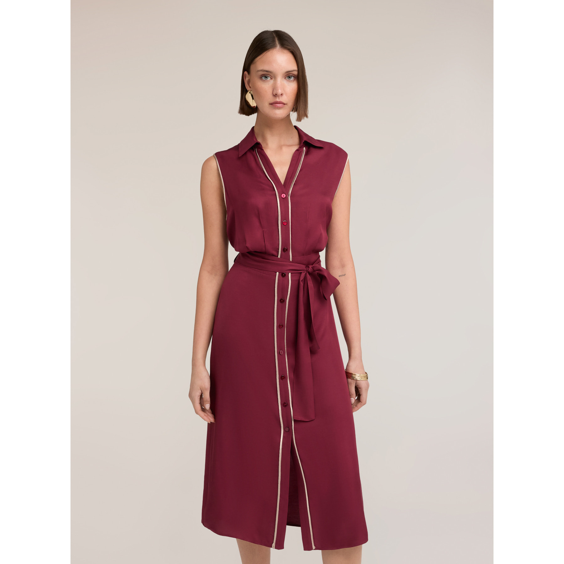 Motivi - Vestido camisero en twill con cinturón - Burgundy