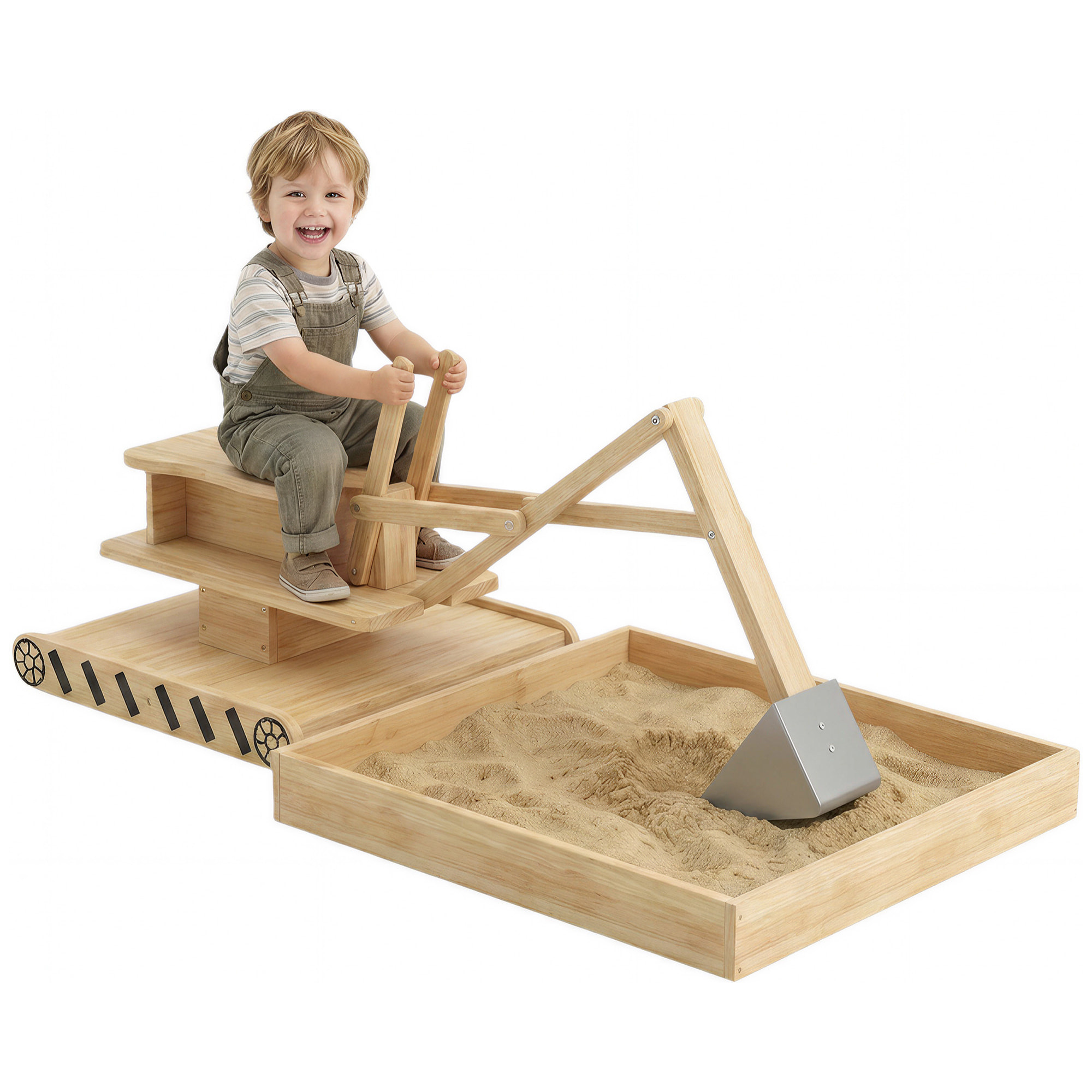 Arenero para Niños de Madera con Excavadora, Arenero Infantil con Asiento Giratorio 360° y Forro de Tela no Tejida, sin Motor, Caja de Arena para Niños de 3-6 Años, 184x90x56 cm, Natural
