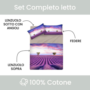 INTRECCI Set Lenzuola Matrimoniali in Cotone, Stampa Alta Qualità, Lenzuolo Sotto + Lenzuolo Sopra + 2 Federe, Comfort, Morbidezza, per Pelli Sensibili, non Stringe in Lavatrice. Fantasia: Provence