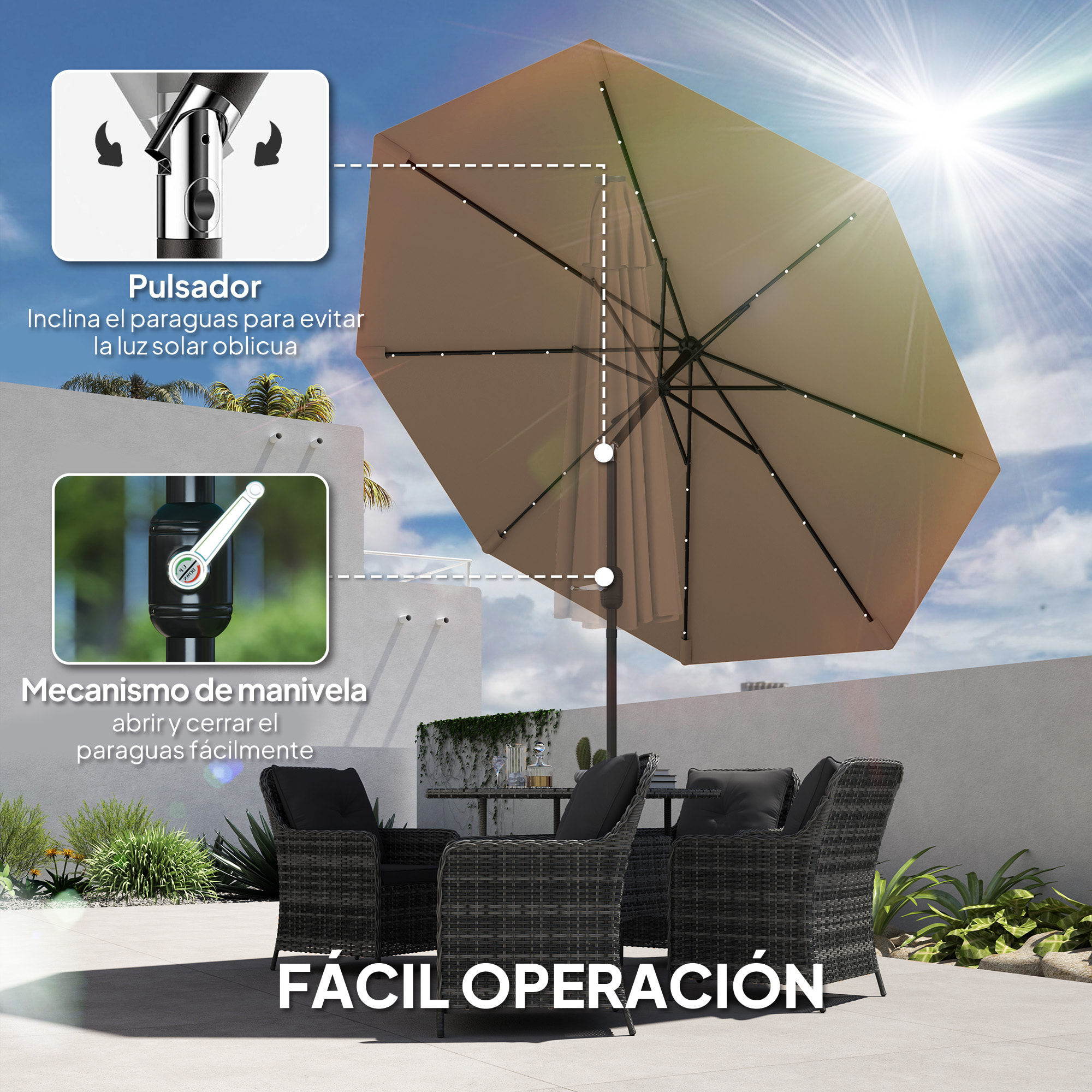 Sombrilla Terraza Exterior, Ø265 cm, Sombrilla de Jardín con 32 Luces LED Solares, Poste de Acero y Manivela de Parasol Inclinable, para Patio, Terraza, Caqui