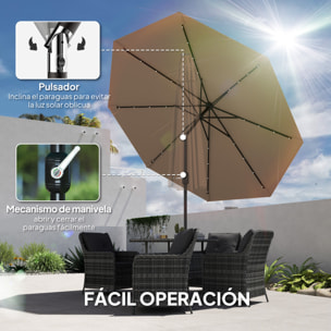 Sombrilla Terraza Exterior, Ø265 cm, Sombrilla de Jardín con 32 Luces LED Solares, Poste de Acero y Manivela de Parasol Inclinable, para Patio, Terraza, Caqui