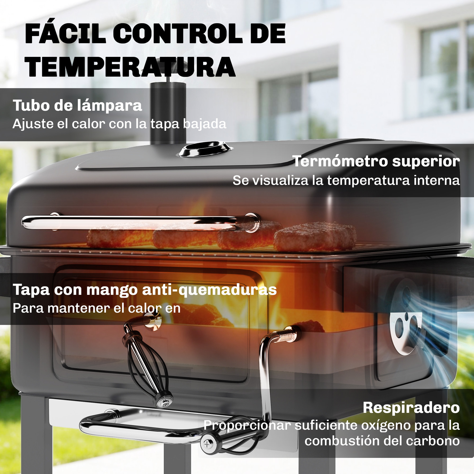 Barbacoa de Carbón Portátil, Barbacoa de Carbón con Bandeja y Ventilación Ajustable, Gran Parrilla, Estantes Laterales, Termómetro, Tapa, Chimenea, Cajón de Cenizas, Ruedas, Puerta, Negro