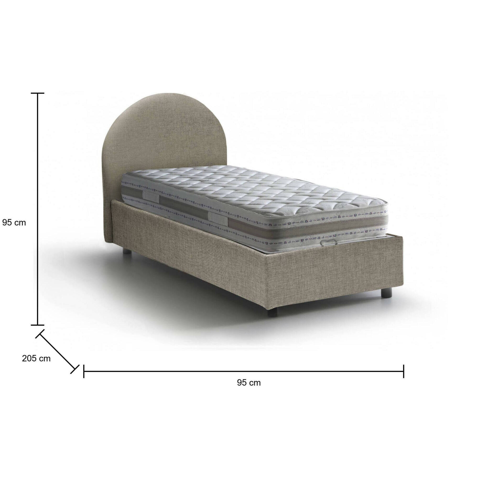 Letto singolo Egle, Letto contenitore con rivestimento in tessuto, 100% Made in Italy, Apertura frontale, con materasso Cm 80x190 incluso, Tortora