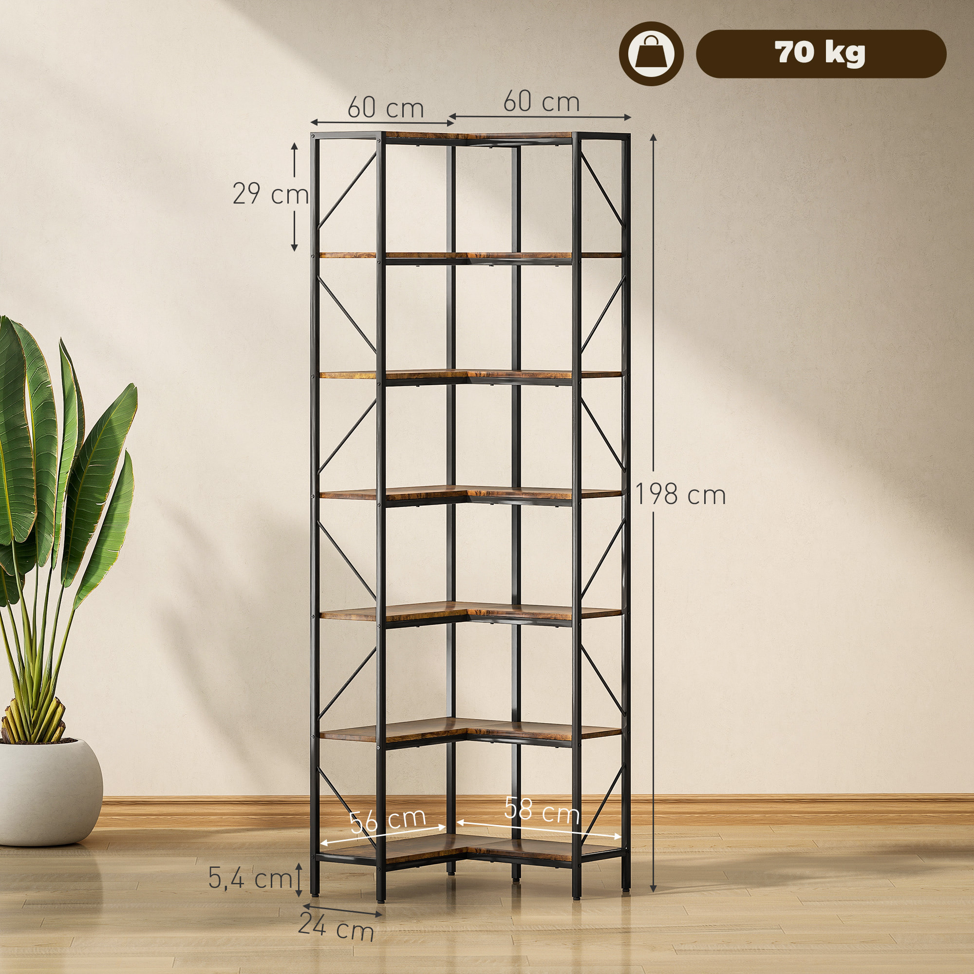 Estantería de Esquina de 7 Niveles, en Forma de L, Estantería Industrial, para Dormitorio, Salón, Estudio u Oficina, 60x60x198 cm, Marrón Rústico