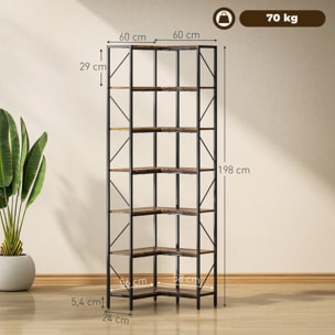 Estantería de Esquina de 7 Niveles, en Forma de L, Estantería Industrial, para Dormitorio, Salón, Estudio u Oficina, 60x60x198 cm, Marrón Rústico