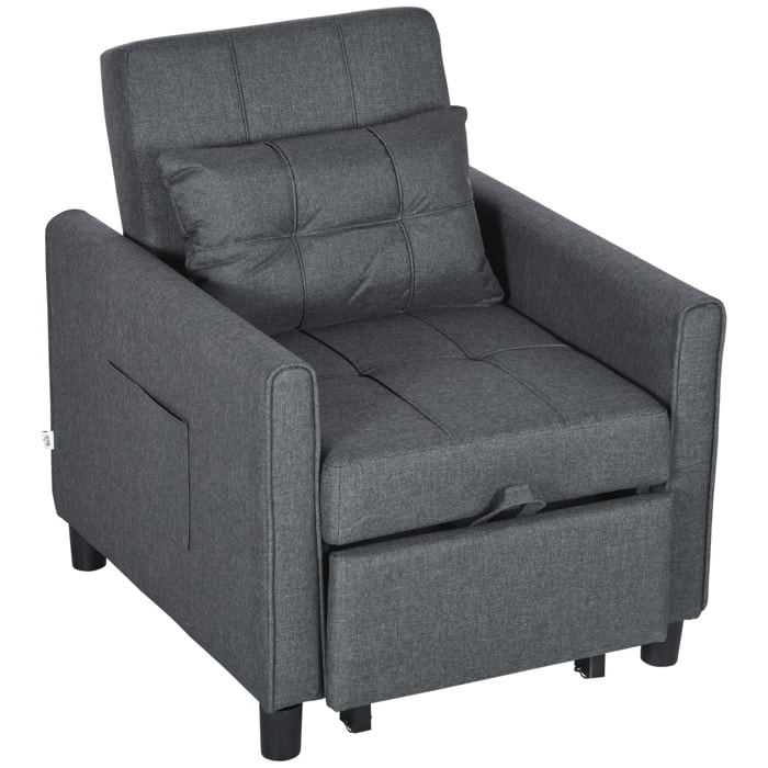 Fauteuil convertible 3 en 1 chaise longue lit dossier inclinable 3 positions coussin gris