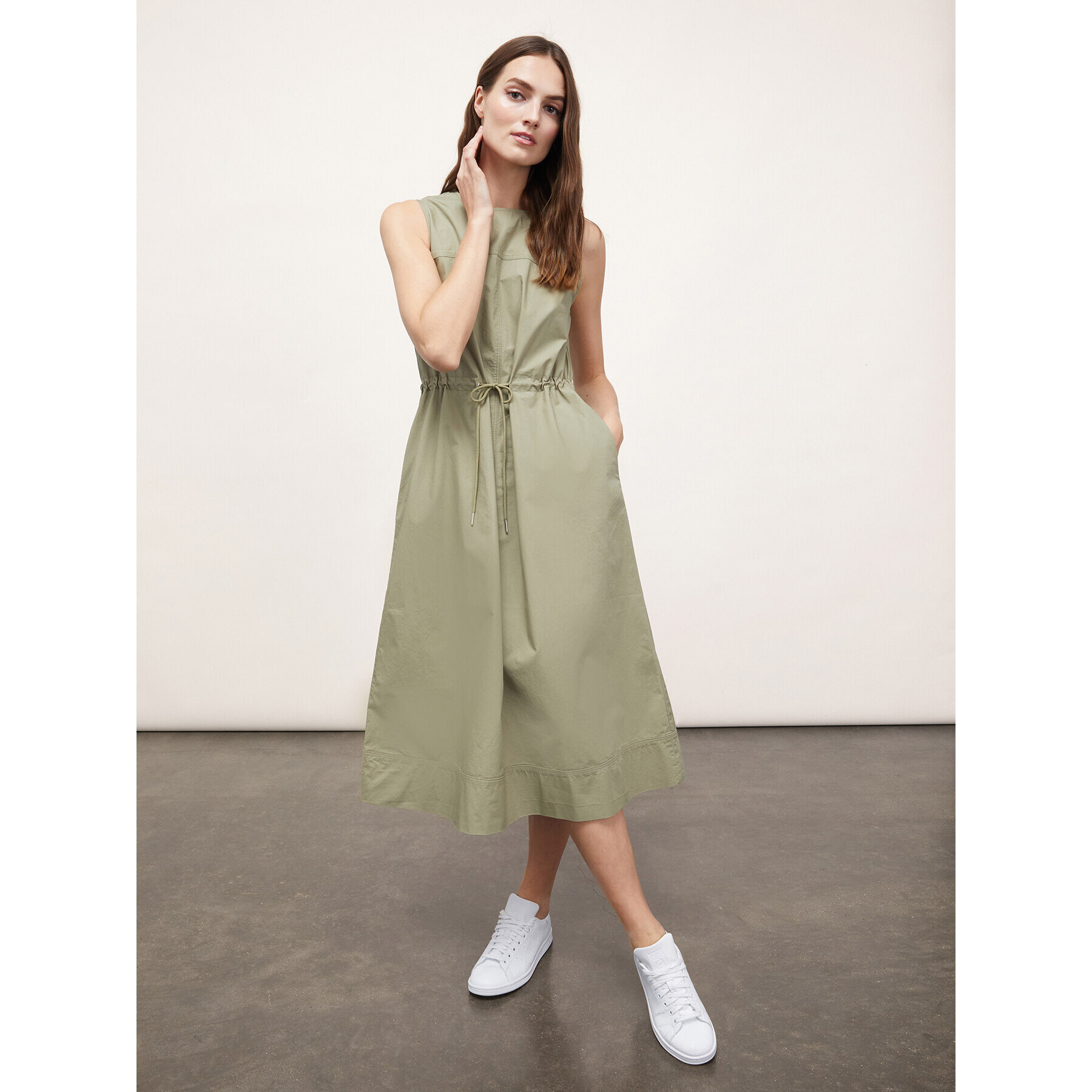 Motivi - Vestido midi de algodón con jareta - Verde claro