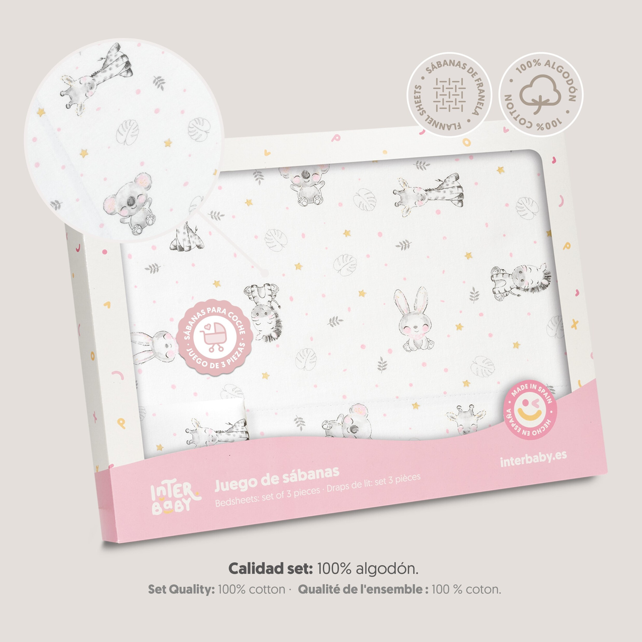 Triptico Coche Franela Modelo Koala Bco/Rosa
