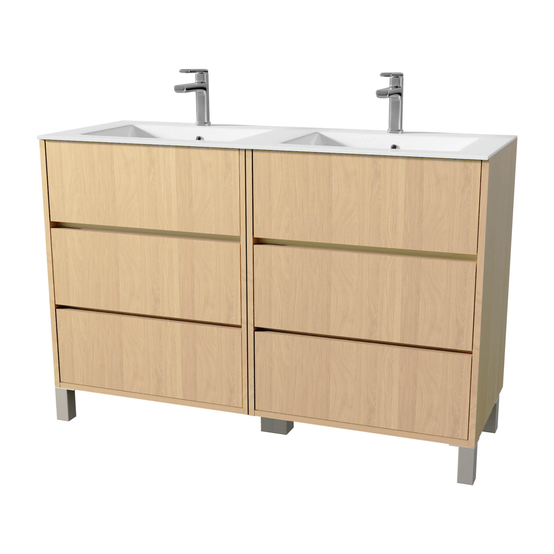 Pack Meuble Salle de Bains 120 cm Chêne Clair, 6 tiroirs avec Vasque Céramique - XENOS