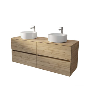 Meuble de salle de bains 140 TIMBER Décor Chêne - 4 Tiroirs - 2 Vasques Rondes Blanches 36cm