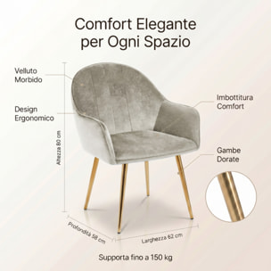 Set 2 poltrone in velluto con gambe oro, sedie imbottite design elegante e moderno, struttura in legno con schienale e seduta confortevoli, rivestimento effetto velluto morbido, ideali per soggiorno camera e ufficio, stile raffinato