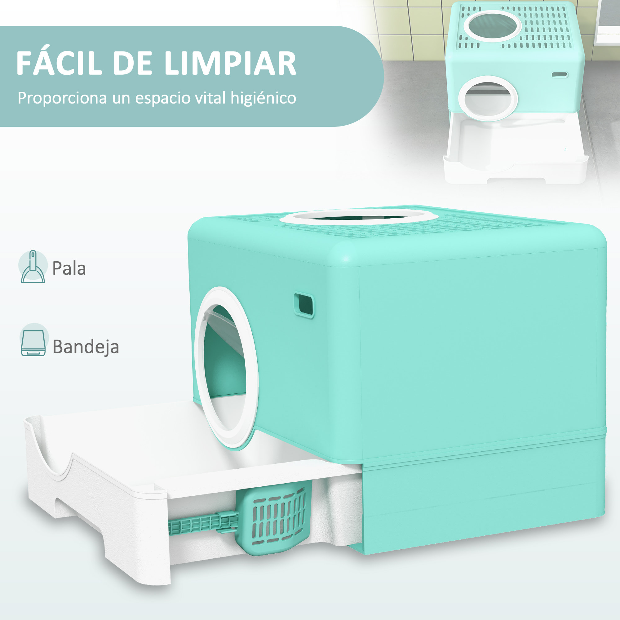 Arenero para Gatos Inodoro para Mascotas con Pala Bandeja Extraíble 2 Puertas Entrada Principal y Salida Superior 52x41x38,5 cm Verde