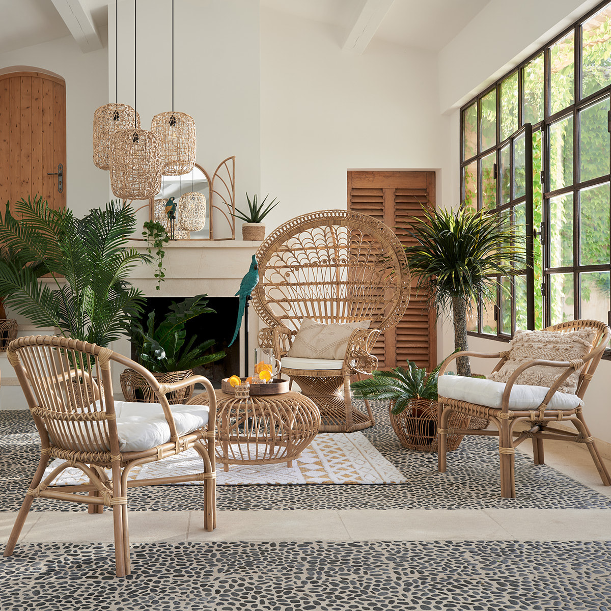 Fauteuil "Neta" - rotin et coton - blanc