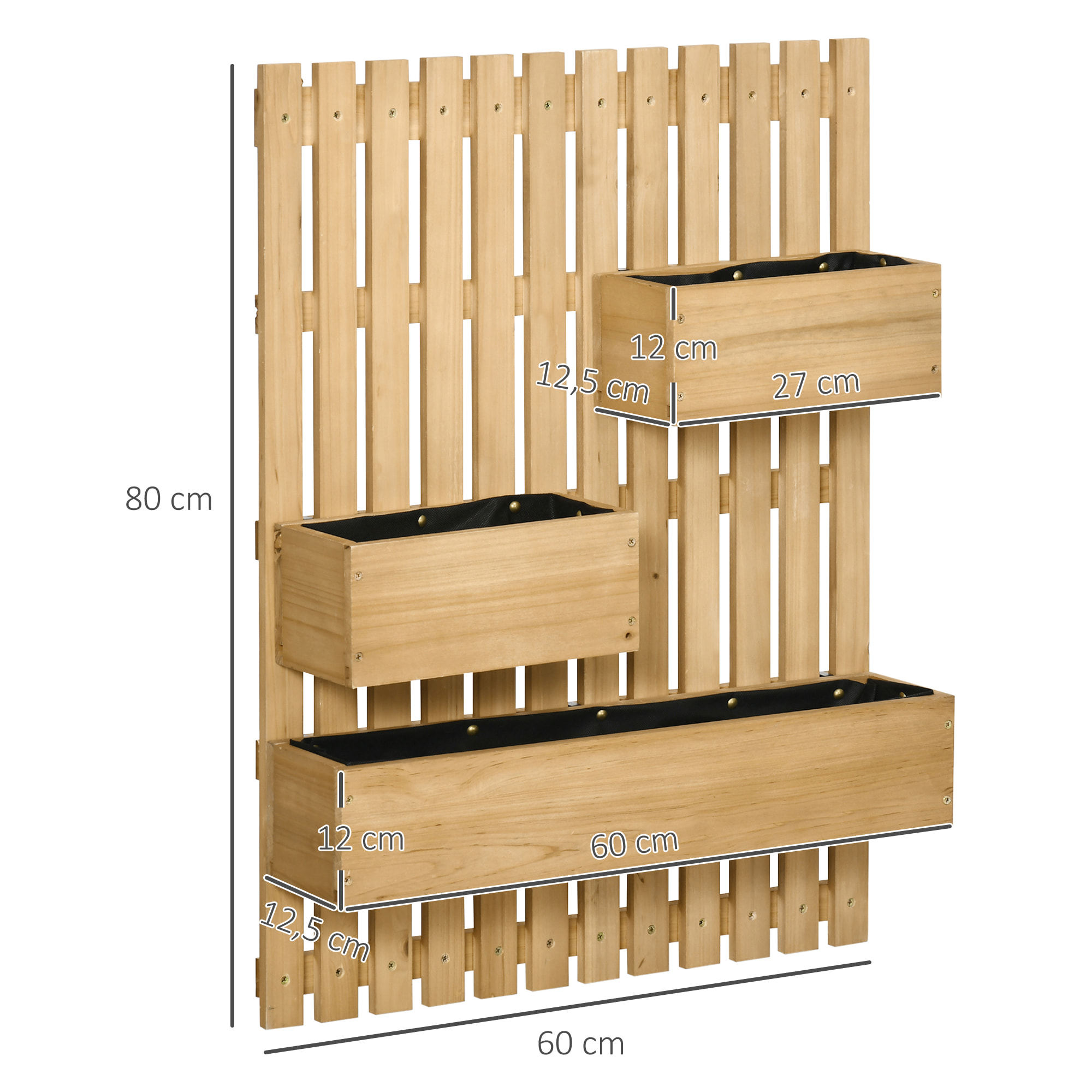Jardinera de Pared con Enrejado Jardinera Vertical de Madera con 3 Macetas Móviles y Orificio de Drenaje para Jardín Terraza Patio 60x16x80 cm Natural