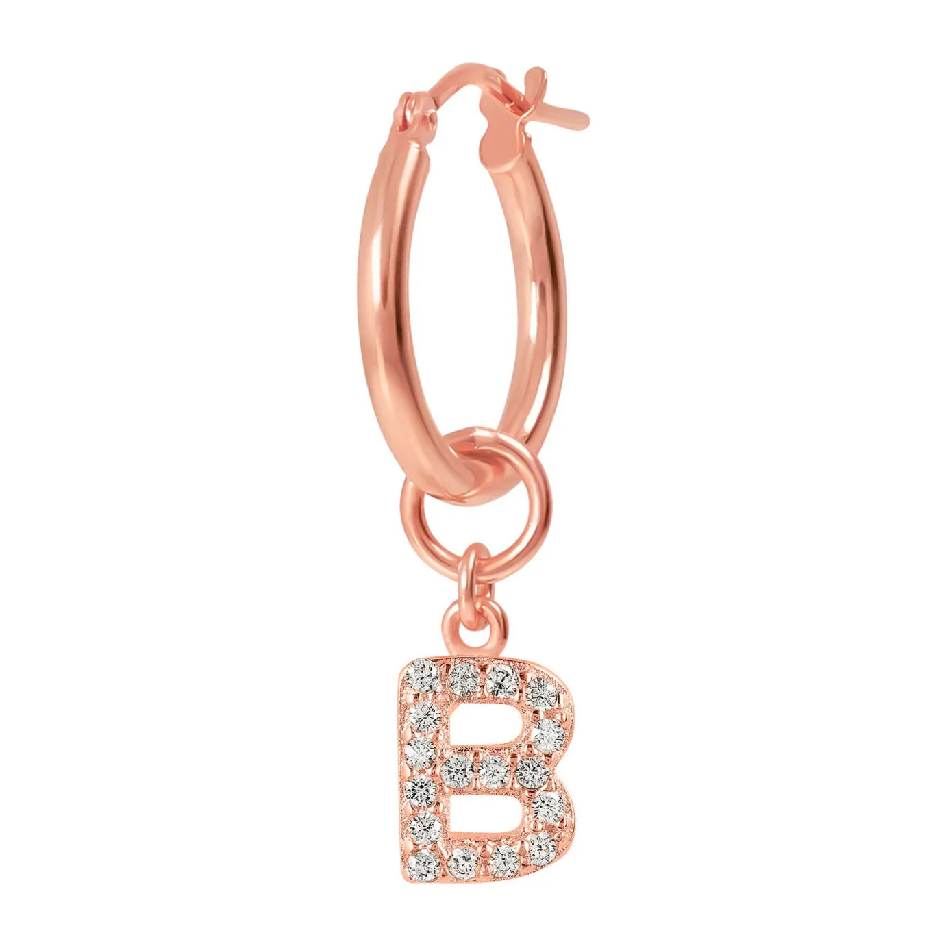 Orecchino a Cerchio con Ciondolo Lettera B in Pavé di Cubic Zirconia Rosa