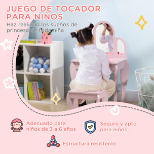 Tocador para Niña con Espejo y Taburete Tocador de Maquillaje para Niña de 3 a 6 Años Tocador Infantil de Madera con Cajón Rosa