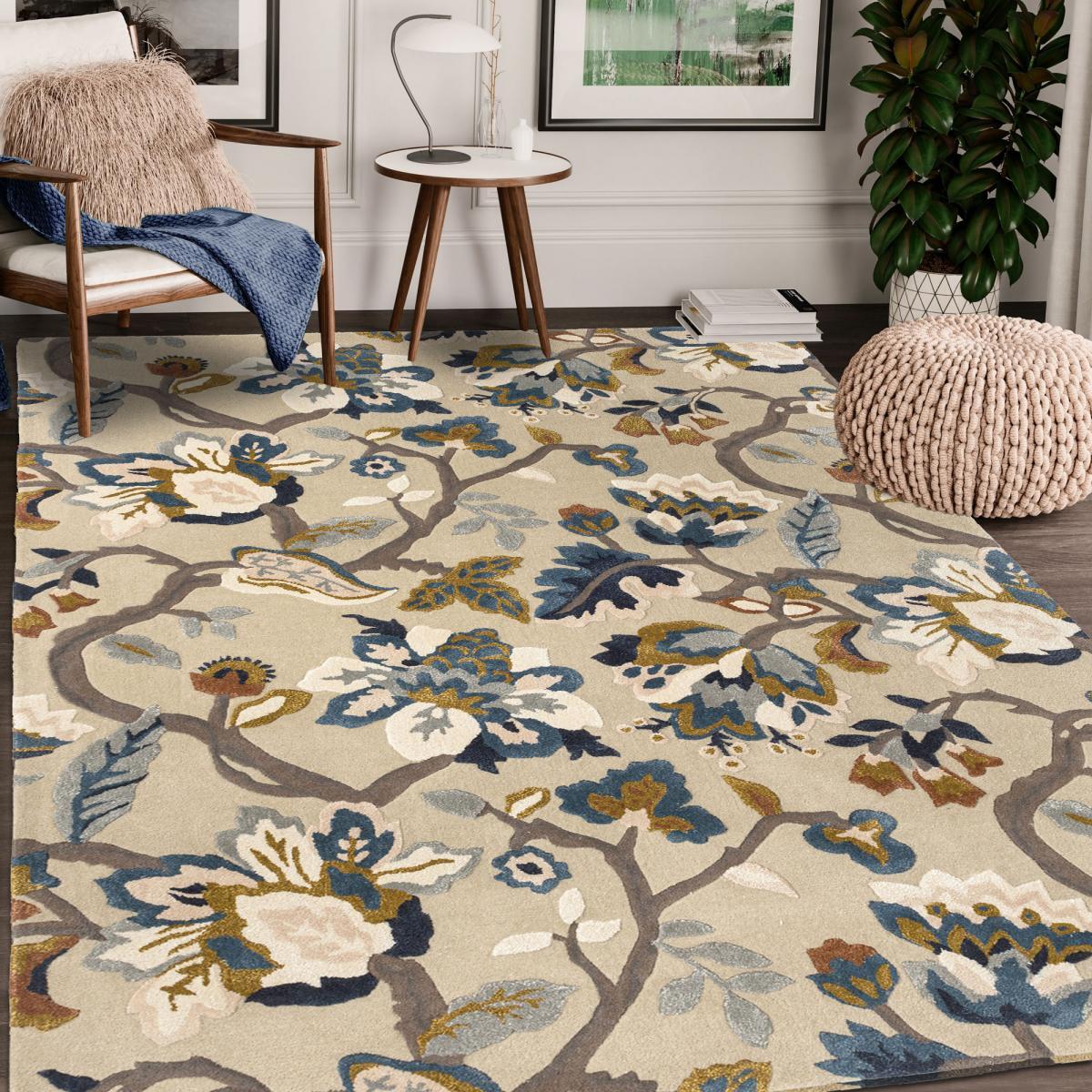 Tapis salon et chambre fait à la main en laine motif floral PIAL