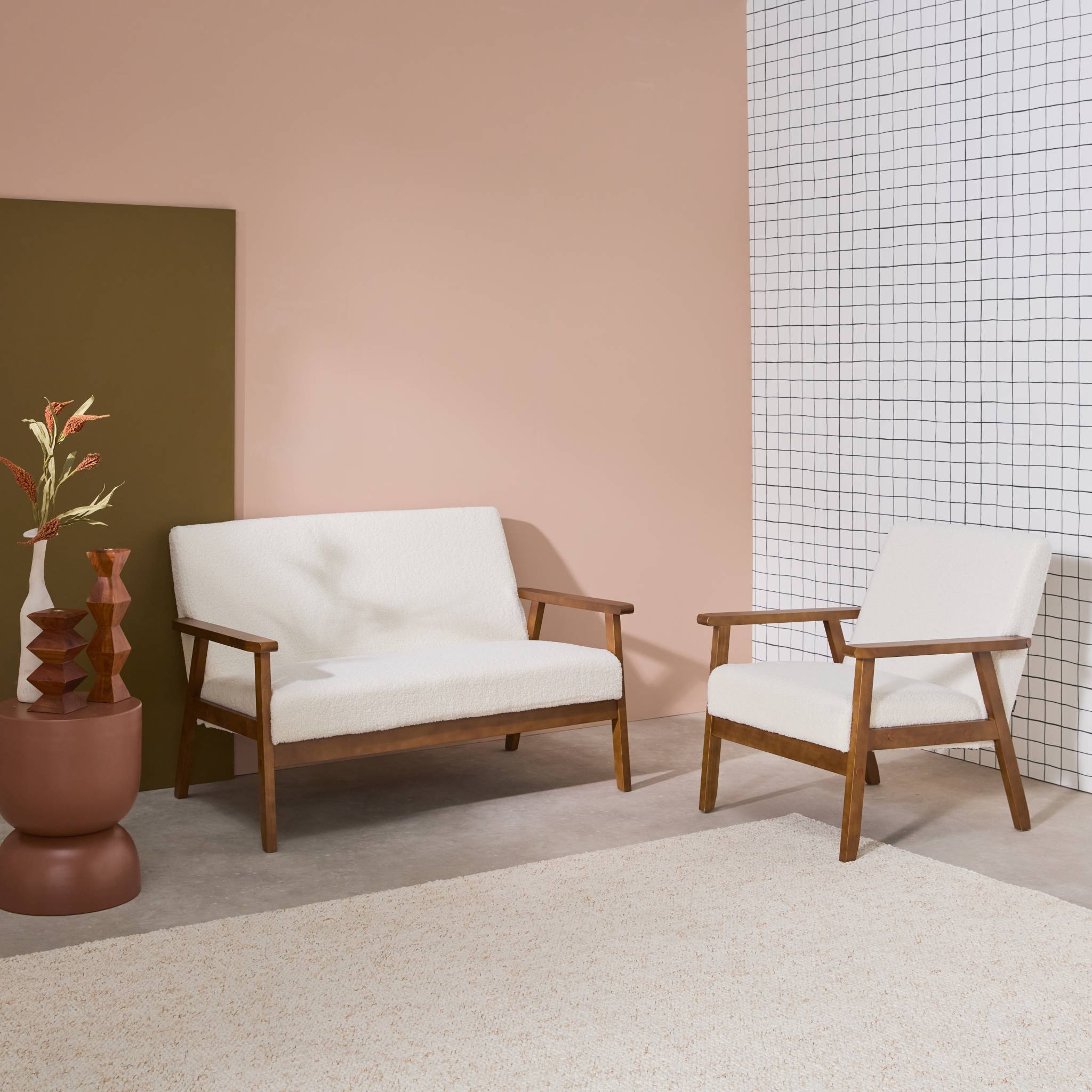 Canapé banquette 2 places et fauteuil tissu bouclette. pieds teinté noyer clair