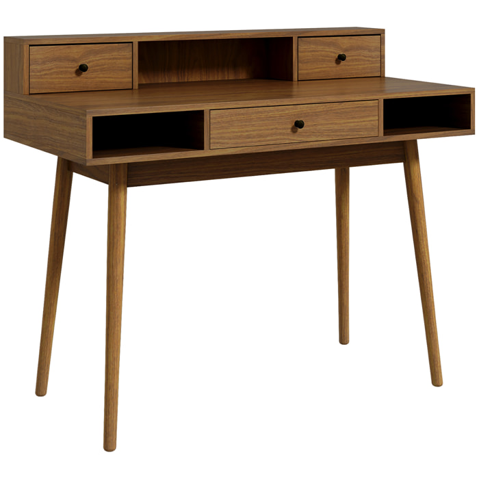 Bureau ordinateur table informatique design vintage avec rangements 3 tiroirs 3 niches pieds en bois massif de pin 110 x 54 x 91,5 cm aspect noyer