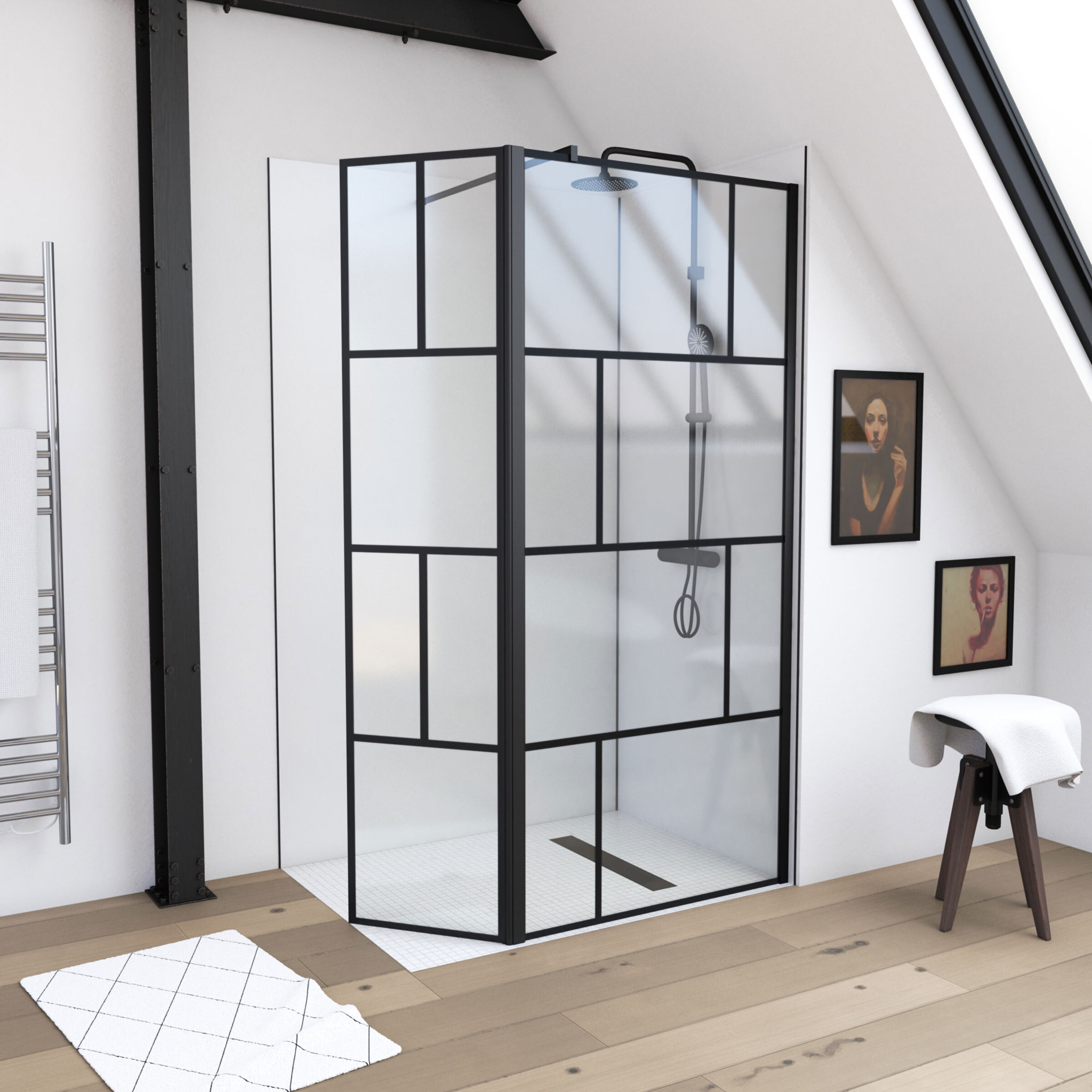 Paroi de douche avec pivot 90+40x195cm - Sérigraphie type Briques et Profilés Noir - Verre 5 mm