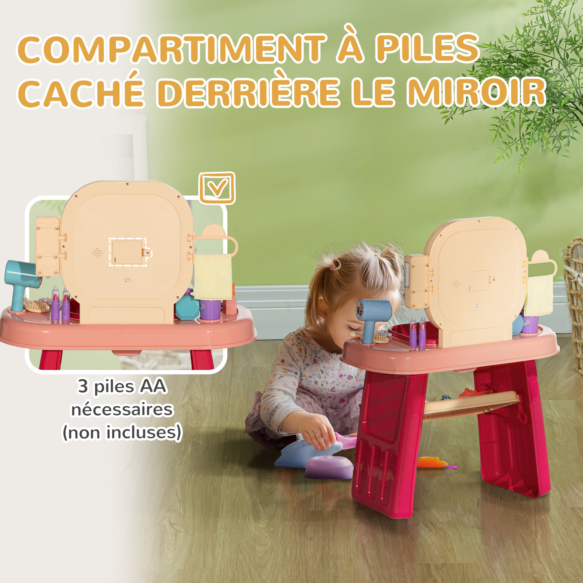 Coiffeuse enfant style néo-rétro - nombreux accessoires - effets lumineux sonores - beige rose