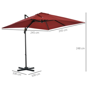 Parasol déporté carré inclinable manivelle avec pied en acier dim. 2,45L x 2,45l x 2,45H m métal alu. polyester haute densité rouge