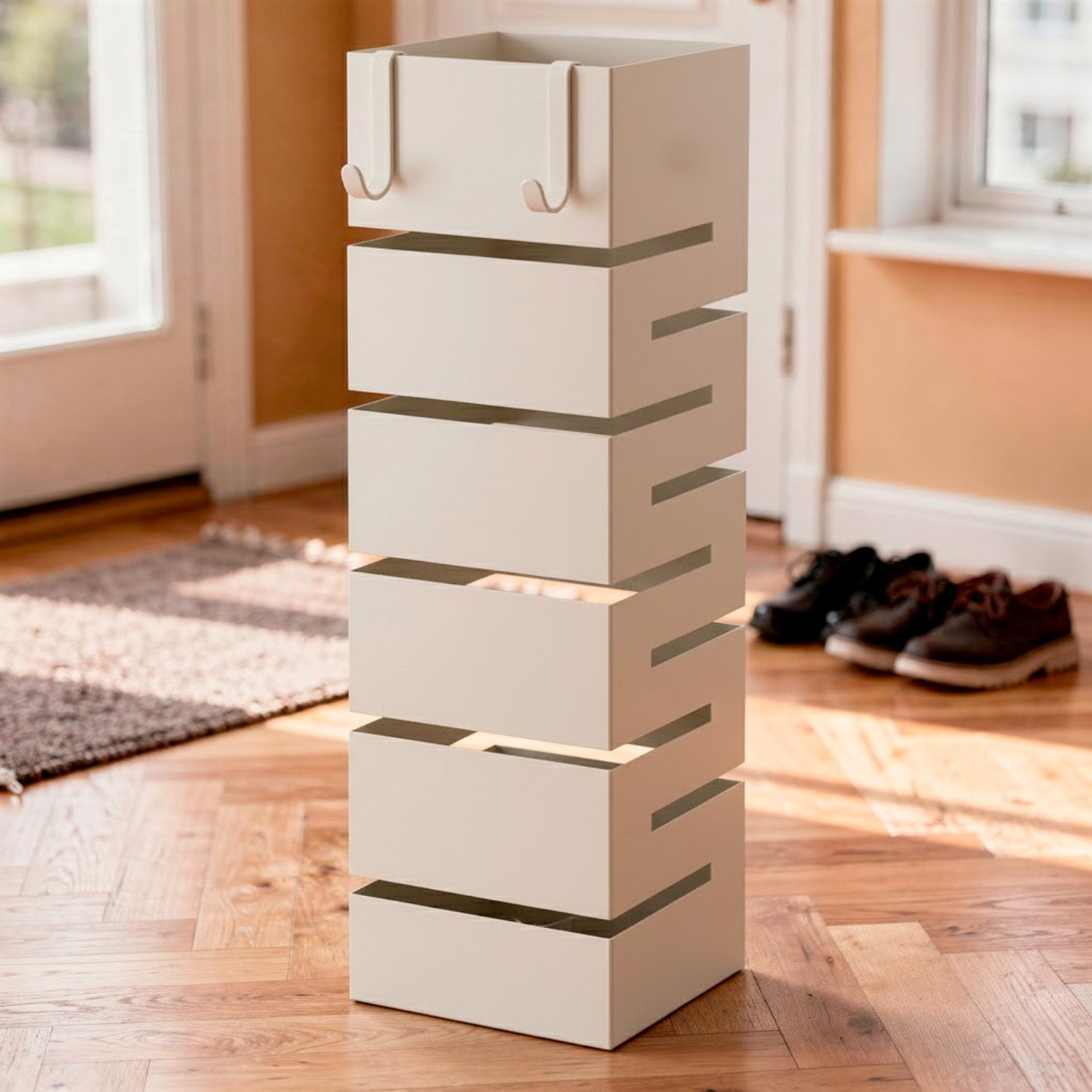 Portaombrelli In Acciaio Zincato Per Interno Esterno Con Vaschetta Scolapioggia 2 Ganci Removibili Base Antiscivolo 49 x 15,5 x 15.5 Cm Bianco