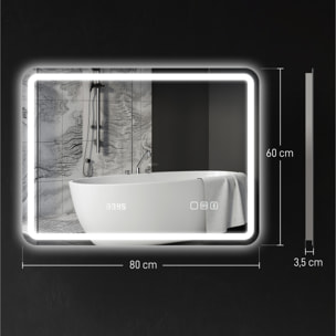 Miroir lumineux LED salle de bain Bluetooth 60x80cm - horloge numérique, antibuée, tactile, réglable - verre trempé 4 mm