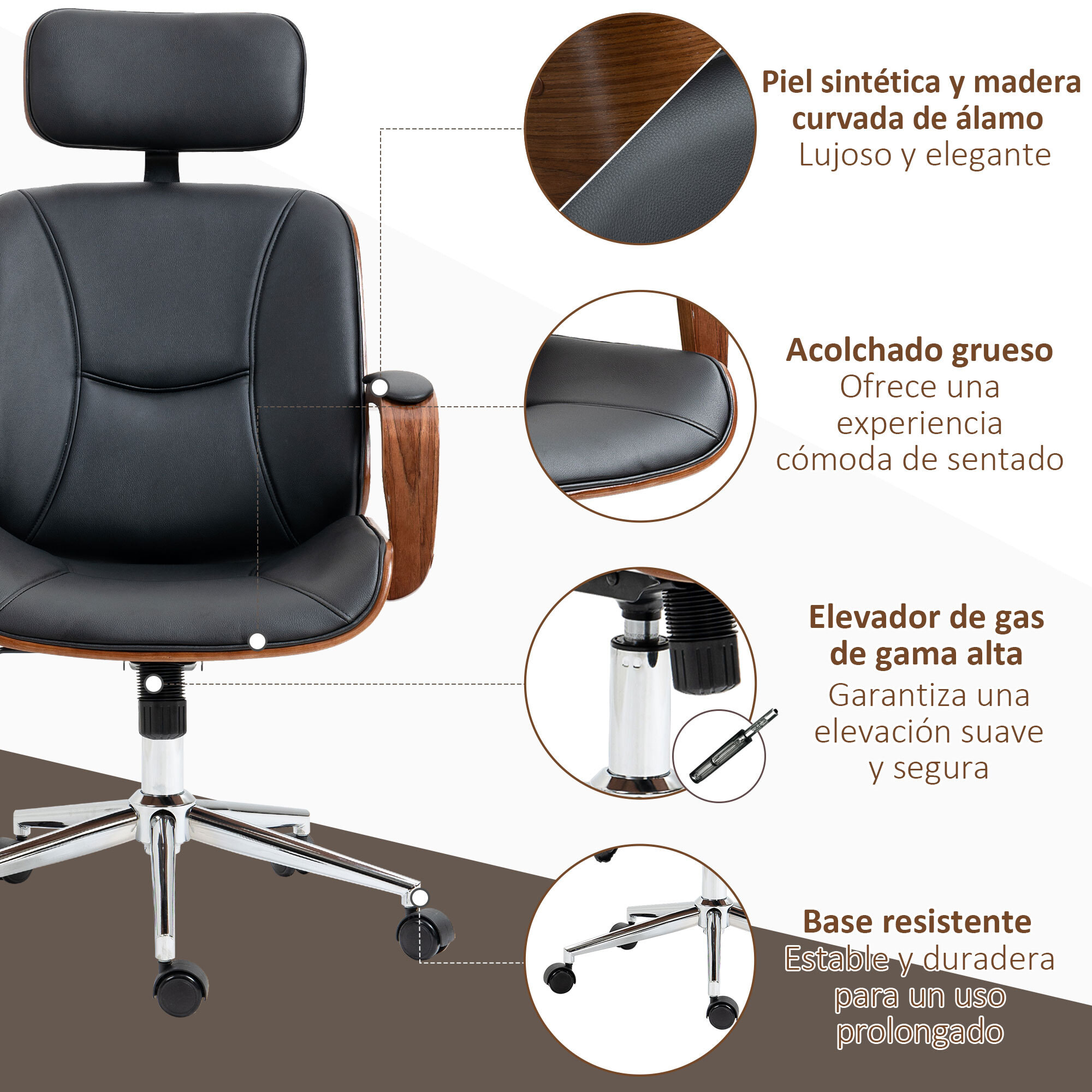 Silla de Oficina Ergonómica Silla de Escritorio Giratoria de Cuero PU con Reposacabezas Extraíble Altura Ajustable y Función de Inclinación 63x62x110-120 cm Negro