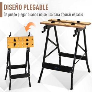 Mesa de Trabajo Plegable Banco de Trabajo con Abrazadera 2 Manivelas Como Caballete de Sierra Carpintero Hierro MDF Soporta 100 kg 60,5x62,5x78,5 cm Natural y Negro