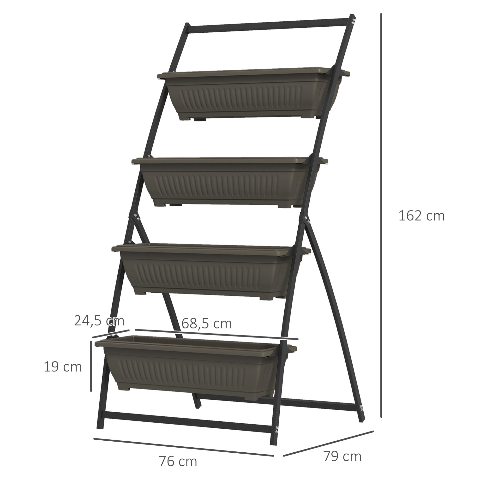 Jardinière sur pied 4 bacs amovibles inserts irrigation acier noir PP brun foncé