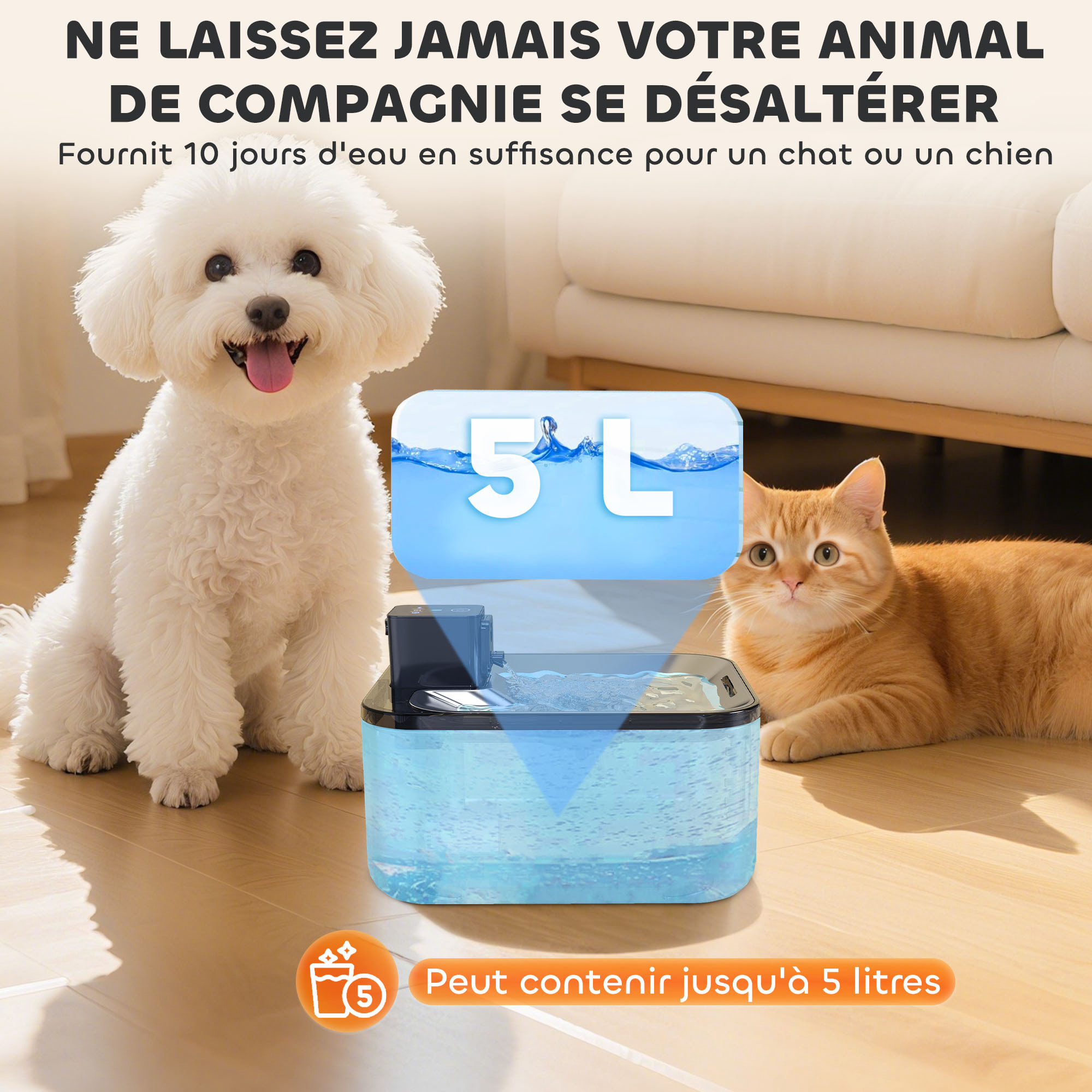 Fontaine à eau pour chat 5L filtration 3 étapes charge USB câble + nombreux accessoires inclus acier inox