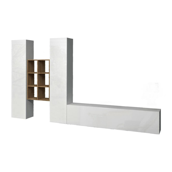 Parete attrezzata Acuto, Set salotto porta TV a 3 ante, Mobile soggiorno multiuso, 100% Made in Italy, cm 320x30h180, Bianco lucido e Acero