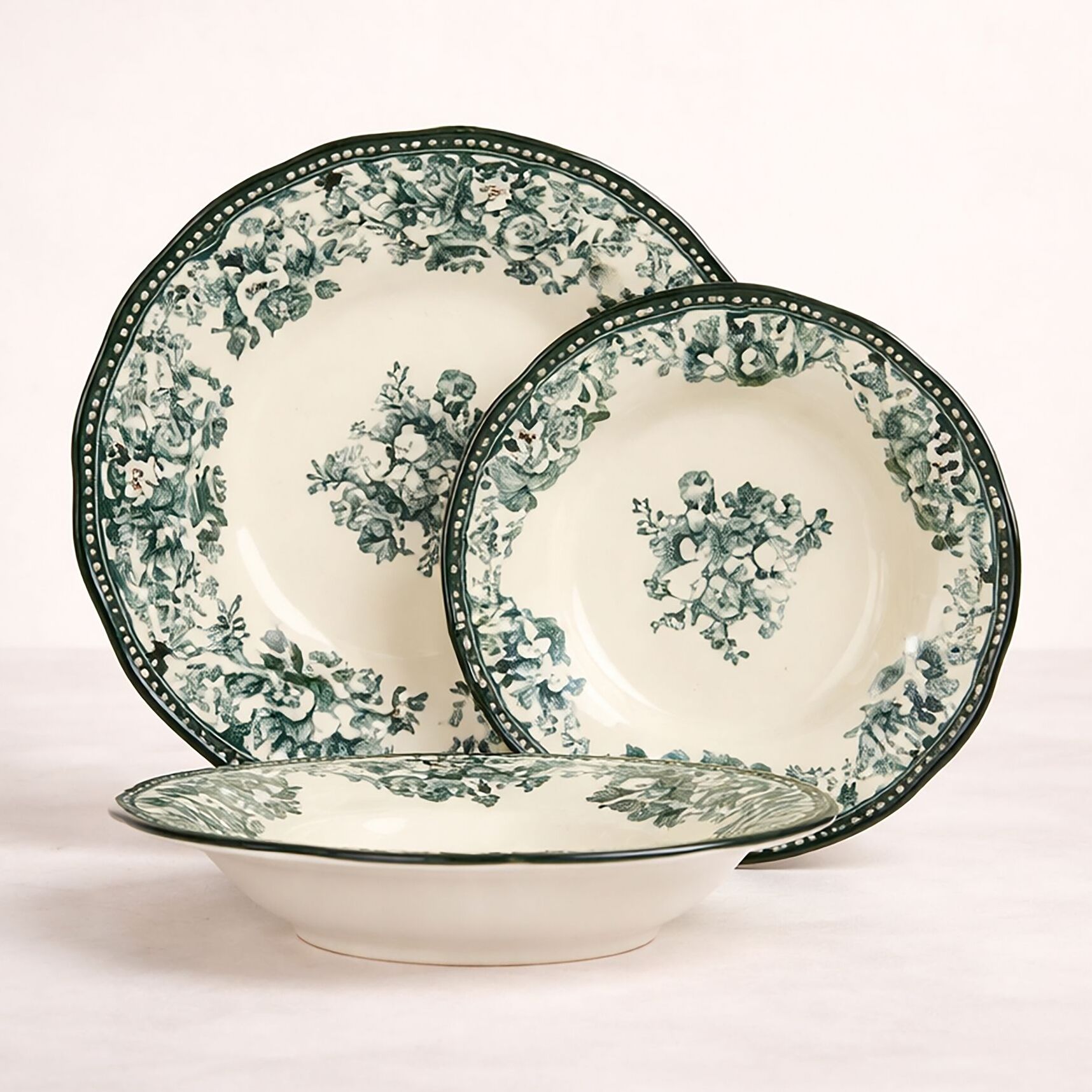 Service de table 36 pièces en grès blanc et vert FAUSTINE