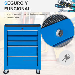 HOMCOM Carro Caja de Herramientas Taller Movil 5 Cajones 4 Ruedas Cerradura Color Azul