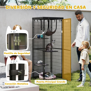 Jaula para Gatos para Exterior e Interior Recinto para Gatos con Cubierta Impermeable 3 Plataformas Hamaca Cojines y Puerta 61,5x55x157 cm Negro