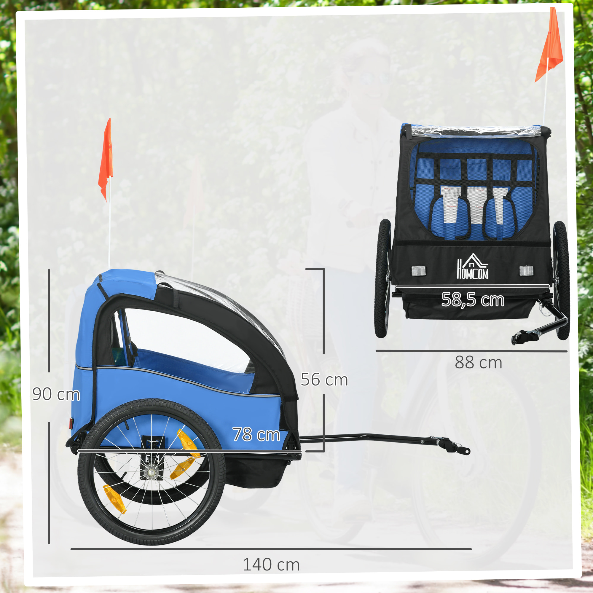 Remolque de Bicicleta para Niños +18 Meses Cochecito para Transporte de 2 Plazas con Cinturón de Seguridad Espacio de Almacenamiento y Sistema de Amortiguador 140x88x90 cm Azul