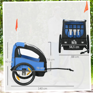 Remolque de Bicicleta para Niños +18 Meses Cochecito para Transporte de 2 Plazas con Cinturón de Seguridad Espacio de Almacenamiento y Sistema de Amortiguador 140x88x90 cm Azul