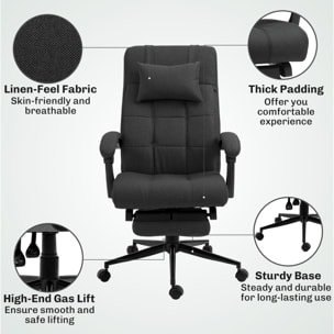 Silla de Oficina Reclinable Silla de Escritorio Giratoria Tapizado en Lino Sintético Altura Ajustable Reposapiés Reposacabezas y Reposabrazos Carga 150 kg para Estudio 66x76x112-120 cm Negro