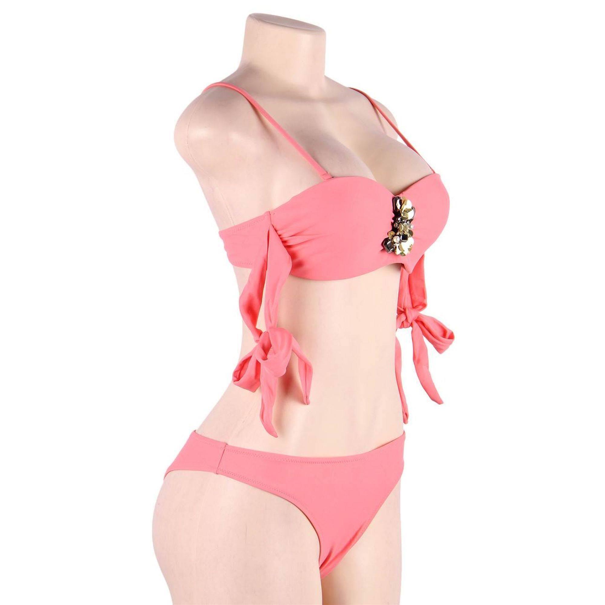 Bikini con decoración de diamantes imitacion y vendaje rosa