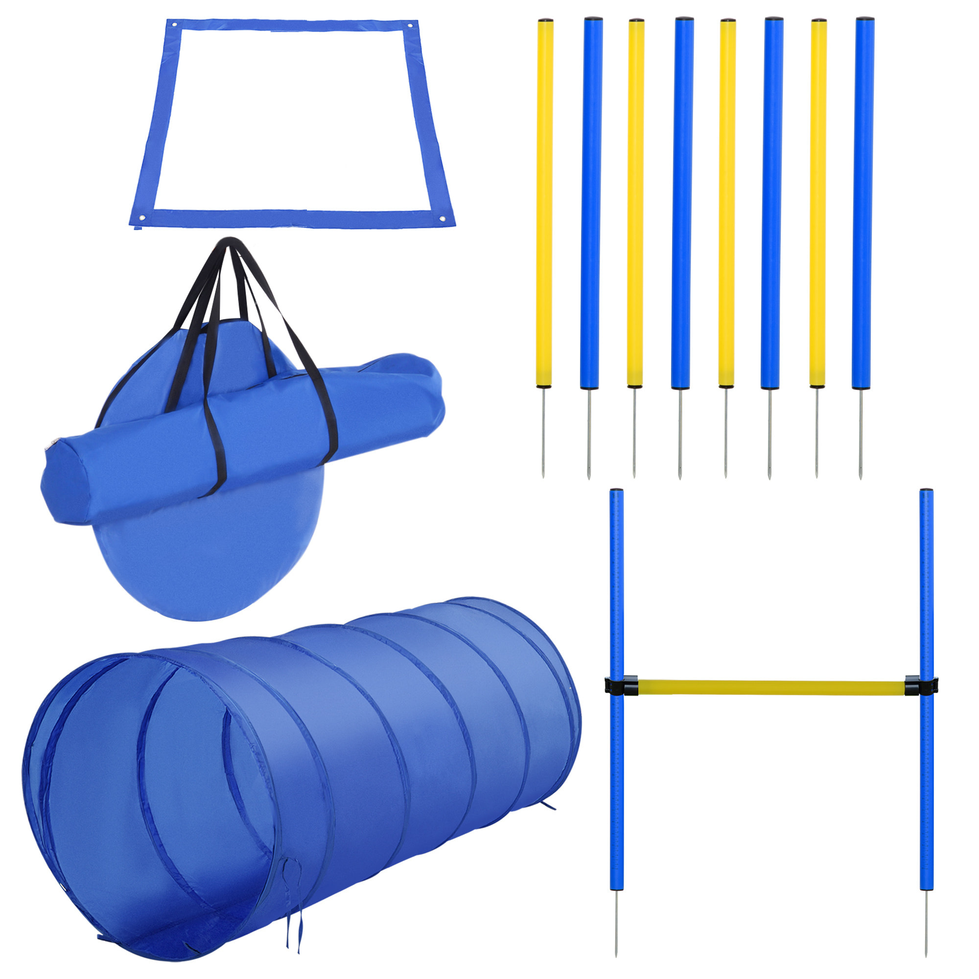 Agility sport pour chiens équipement complet obstacle, tunnel, slalom, zone repos + sac de transport bleu jaune