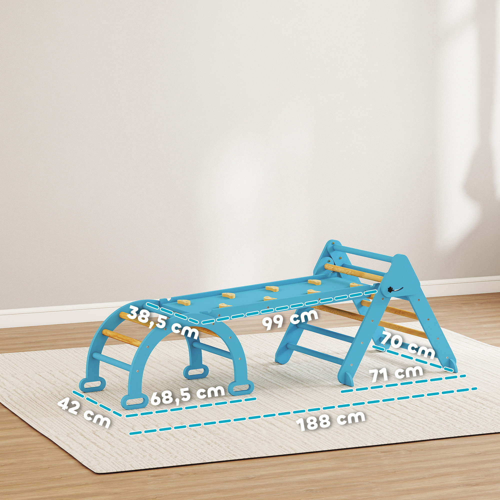 7 en 1 Triángulo de Escalada Montessori con Arco y Rampa, Escalada para Niños de Madera Plegable, para 18-48 Meses, para Deslizarse o Escalar, 188x70 cm, Azul