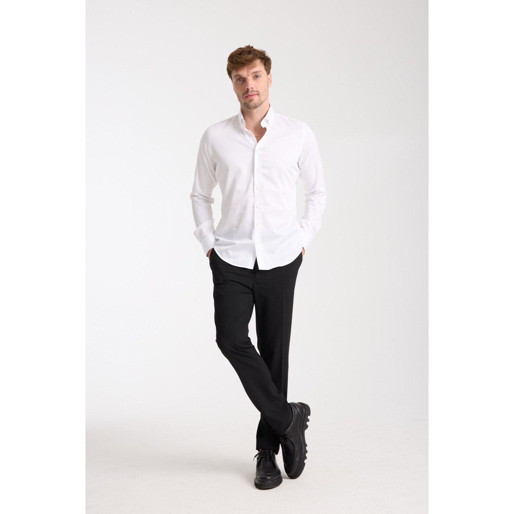 camicia uomo 1 bottone button down slim Satin Unito Bianco