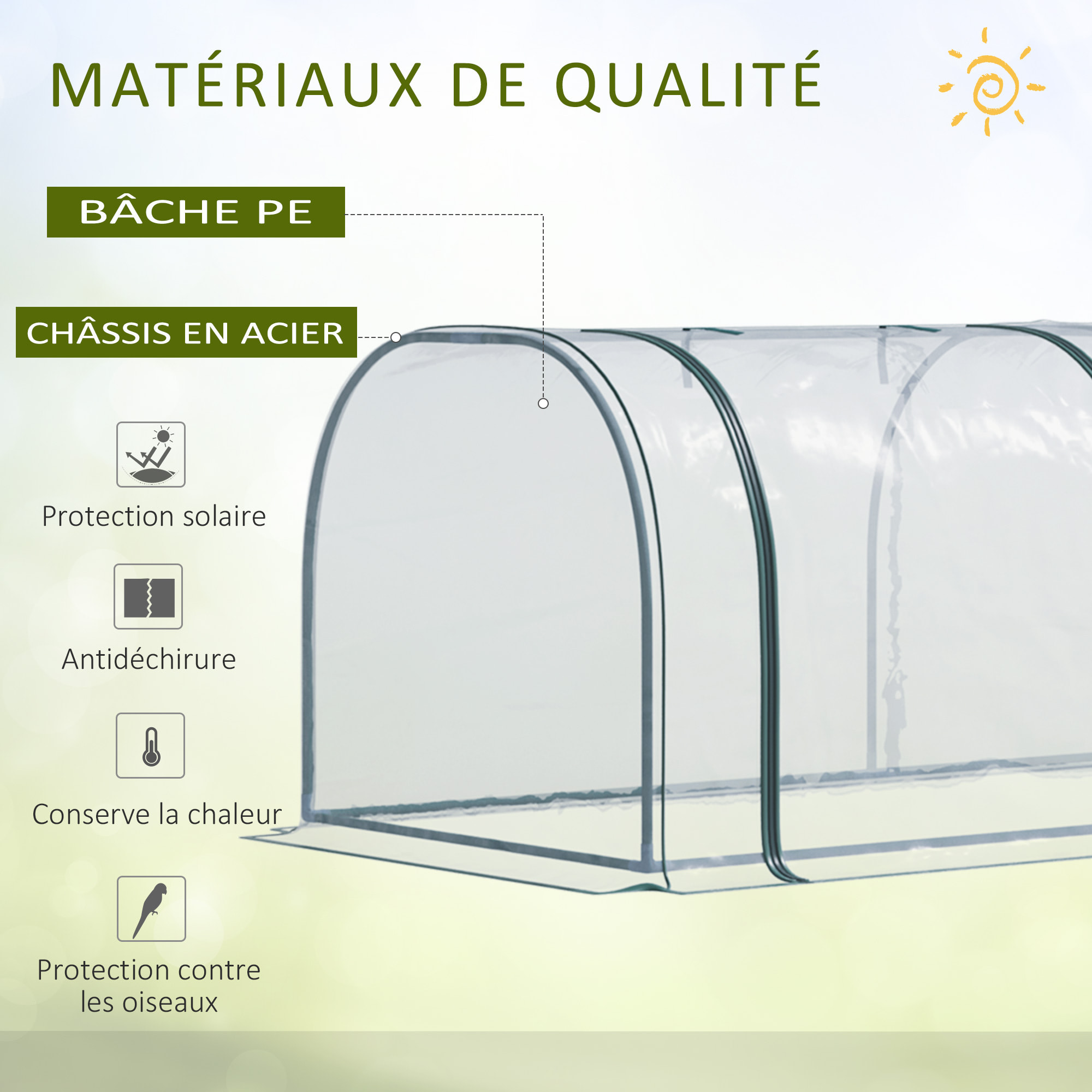 Serre de jardin tunnel 3,5L x 1l x 0,8H m 3 portes zippées bâche PVC transparent métal époxy vert