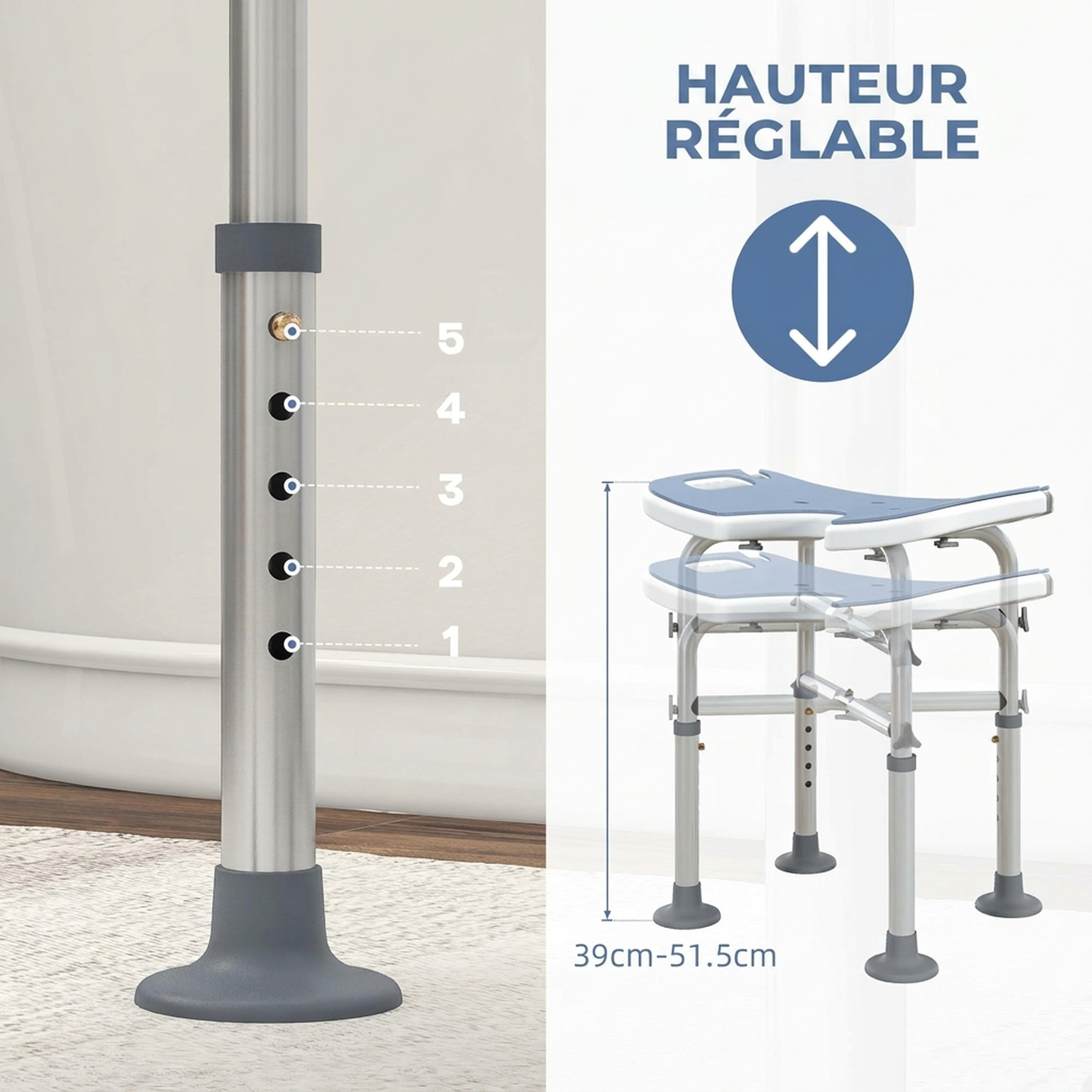 Tabouret de douche - siège de douche avec barre d'appui ventouse - hauteur réglable - alu HDPE bleu clair blanc