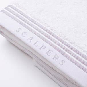 Set 6 toallas baño (2x tocador 30x50cm + 2x manos 50x90cm + 2x baño 70x140cm) 450gsm en algodón blanco con gris scalpers home