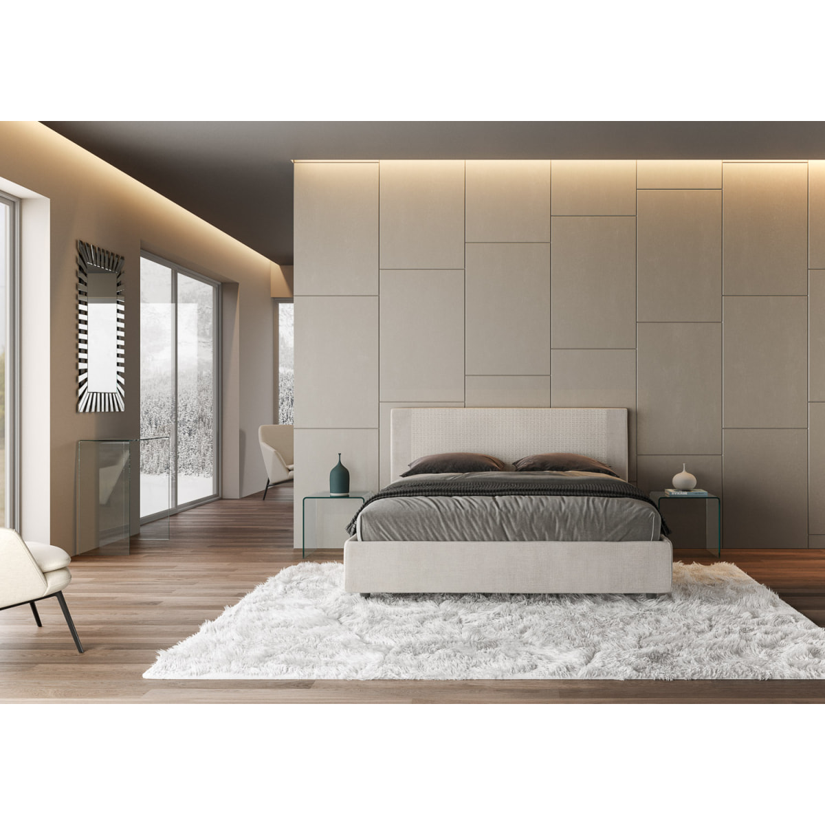 Letto matrimoniale con rete imbottito 160x200 tessuto Labirinto 01 bianco Rosal