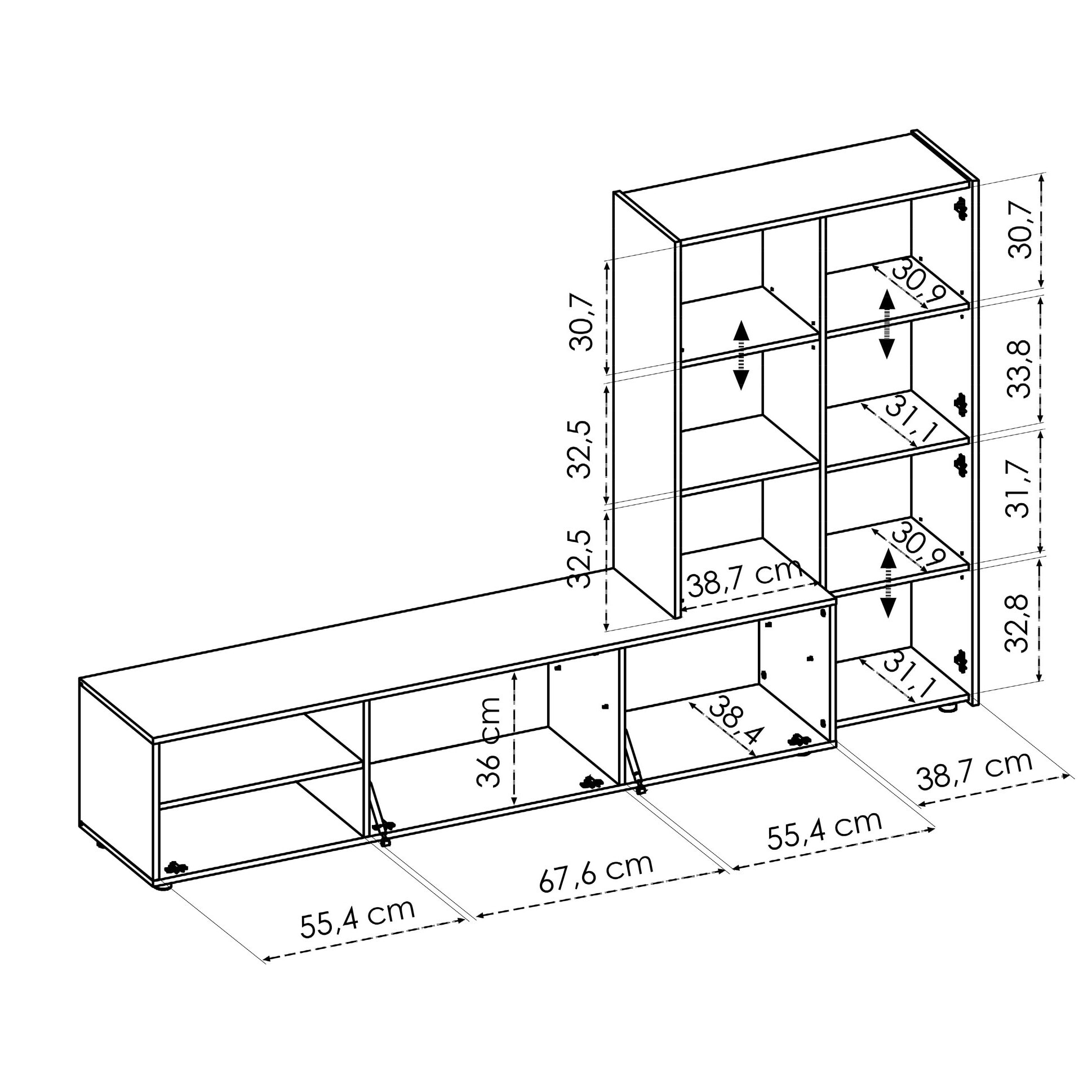 Parete attrezzata Ainos, Set da soggiorno porta TV, Mobile salotto multiuso, 227x40h141 cm, Rovere Nodi e Bianco