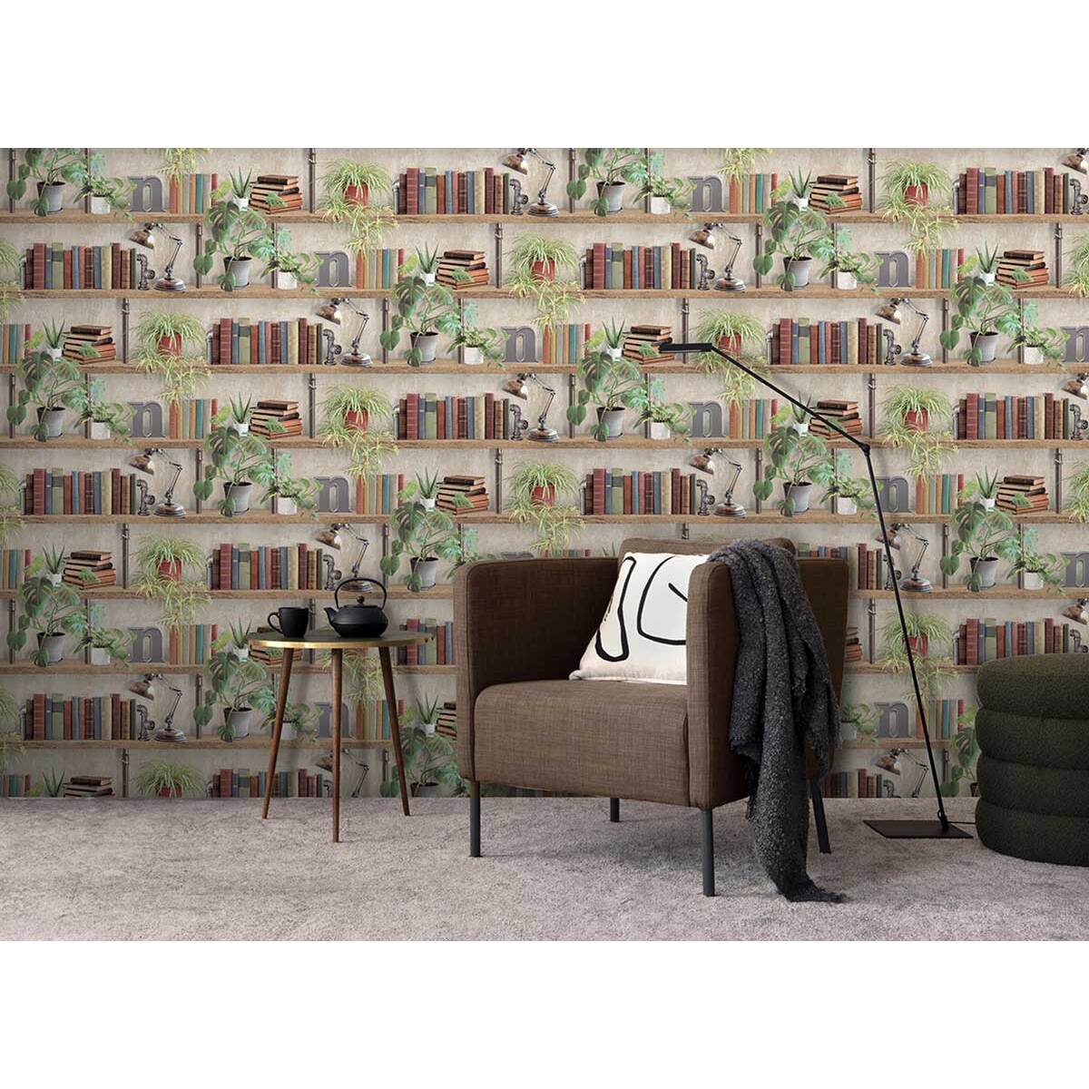 Papier peint étagères végétales style industriel